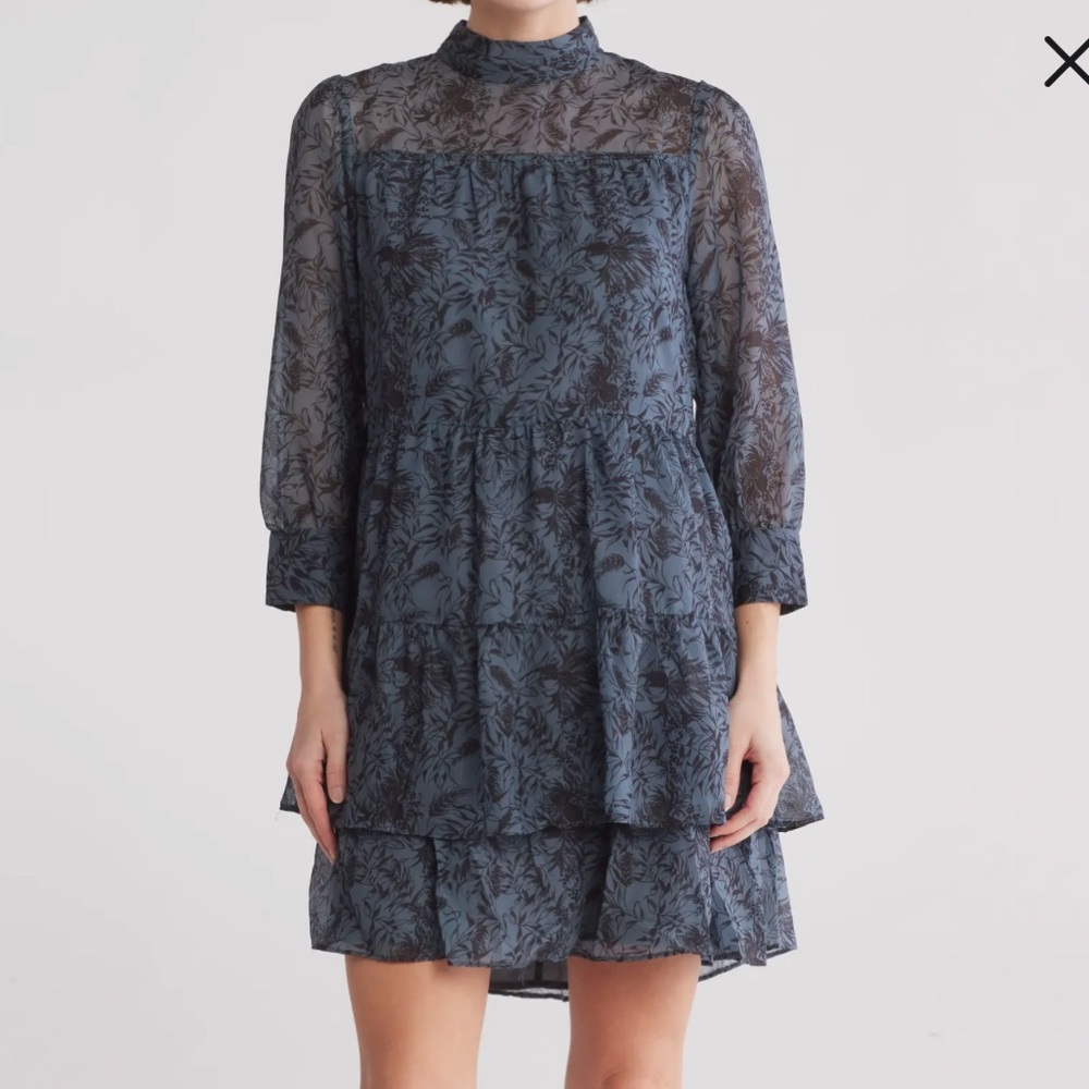 🌿 MELLODAY Grey Floral Tiered Long Sleeve Dress — Size XL — NWT 🌿